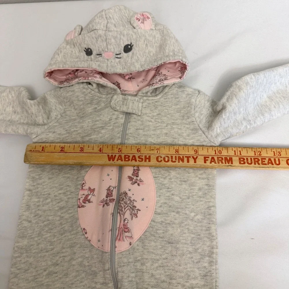 Gymboree Baby Girl Gray Pink Cat Hooded Footie Romper 6-9 Months Woodland Fleece